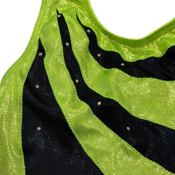 Snowflake Designs Shiny Black & Green Gymnastics Leotard Large - Picture 3 of 5